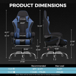 Gtplayer Fabric Gaming Chair With Footrest, Massage Ergonomic Computer Chairs Height Adjustable Heavy Duty Pc Chair, Blue - thumbnail 3