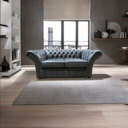 Chesterfield 2 Seater Shelly Steel Grey Leather Sofa Settee In Balmoral Style - thumbnail 4