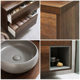 Homestylestore Dark Oak 1000mm Wall Hung Bathroom Vanity Unit With Round Pebble Countertop Basin - thumbnail 2