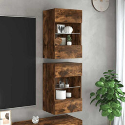 Berkfield Durable Tv Wall Cabinets With Led Lights 2 Pcs Smoked Oak 40X30X60.5 Cm - thumbnail 2