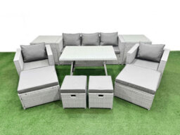 Fimous 10 Pieces Outdoor Pe Rattan Sofa Armchair Set Patio Garden Furniture Sets With Cushions 2 Side Tables 4 Stools Light Grey - thumbnail 2