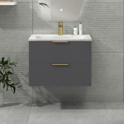 Royal Bathrooms Evora 700mm Graphite Grey Fluted Wall Hung Bathroom Vanity Unit 2 Drawer Cabinet Storage With Stone Basin & Brushed Brass Handles - image 1