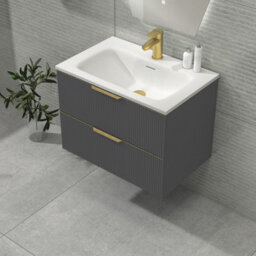 Royal Bathrooms Evora 700mm Graphite Grey Fluted Wall Hung Bathroom Vanity Unit 2 Drawer Cabinet Storage With Stone Basin & Brushed Brass Handles - thumbnail 4