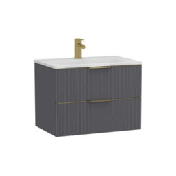 Royal Bathrooms Evora 700mm Graphite Grey Fluted Wall Hung Bathroom Vanity Unit 2 Drawer Cabinet Storage With Stone Basin & Brushed Brass Handles - thumbnail 7