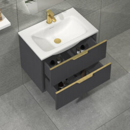 Royal Bathrooms Evora 700mm Graphite Grey Fluted Wall Hung Bathroom Vanity Unit 2 Drawer Cabinet Storage With Stone Basin & Brushed Brass Handles - thumbnail 3