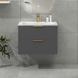 Royal Bathrooms Evora 700mm Graphite Grey Fluted Wall Hung Bathroom Vanity Unit 2 Drawer Cabinet Storage With Stone Basin & Brushed Brass Handles