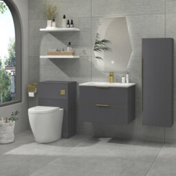 Royal Bathrooms Evora 700mm Graphite Grey Fluted Wall Hung Bathroom Vanity Unit 2 Drawer Cabinet Storage With Stone Basin & Brushed Brass Handles - thumbnail 2