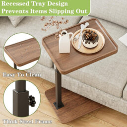 Huhote Rustic Brown Height Adjustable 360 Degree Swivel C Shaped End Table With Wheels For Sofa Bedroom - thumbnail 6
