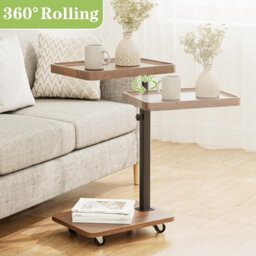 Huhote Rustic Brown Height Adjustable 360 Degree Swivel C Shaped End Table With Wheels For Sofa Bedroom - thumbnail 5