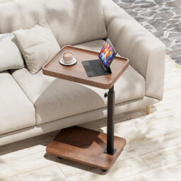 Huhote Rustic Brown Height Adjustable 360 Degree Swivel C Shaped End Table With Wheels For Sofa Bedroom - thumbnail 2