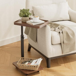 Huhote Rustic Brown Height Adjustable 360 Degree Swivel C Shaped End Table With Wheels For Sofa Bedroom - thumbnail 1