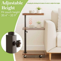 Huhote Rustic Brown Height Adjustable 360 Degree Swivel C Shaped End Table With Wheels For Sofa Bedroom - thumbnail 4