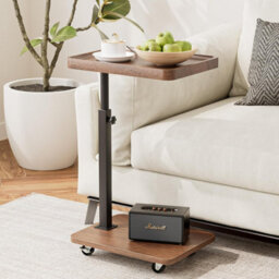 Huhote Rustic Brown Height Adjustable 360 Degree Swivel C Shaped End Table With Wheels For Sofa Bedroom - thumbnail 8