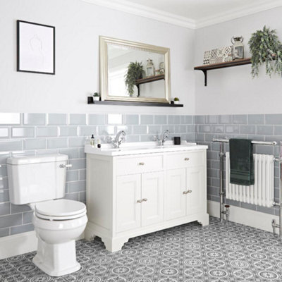 Homestylestore 1210mm Antique White Bathroom Vanity Unit With Double Basin And Close Coupled Toilet Wc Pan, Seat And Cistern - image 1