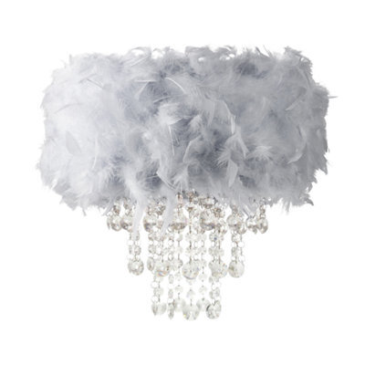 Happy Homewares Contemporary Grey Feather Pendant Light Shade With Transparent Acrylic Droplets - image 1