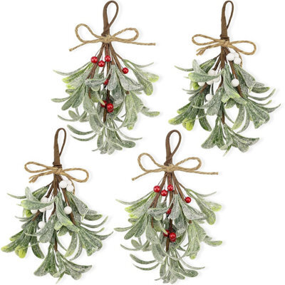 CLEFFNS 4Pcs Artificial Mistletoe Pick, Flocked Branches With White Red Berries Rope Bow, Christmas Hanging Ornament For Party Decorations - image 1