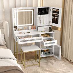 Costway Vanity Set Dressing Table & Chair Set W/ 3 Lighting Modes & Cabinet - thumbnail 4