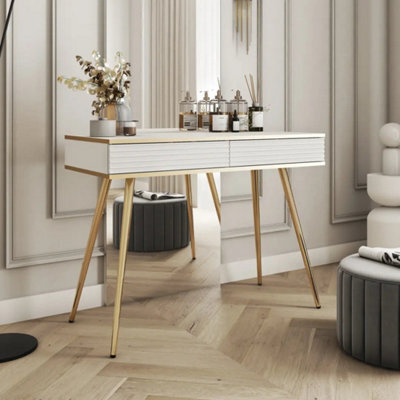 Arte Moro Dressing Table 102Cm In White - Sleek Push-To-Open Storage With Luxe Gold Legs - image 1