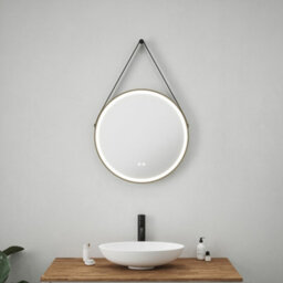 FNX Bathrooms Valletta 600mm Round Led Bathroom Mirror With Tunable Light, Demister & Chic Black Leather Strap