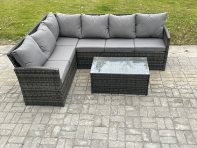 Fimous Rattan Lounge Corner Sofa Set Wicker Pe Outdoor Garden Furniture Set With Rectangular Coffee Table Dark Grey Mixed - image 1