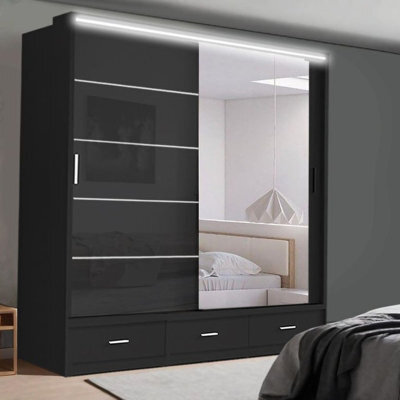 Ie Florence Wardrobe With Mirrors, Drawers & Shelves Sliding Door Wardrobe ( Black, 205 Cm ) - image 1