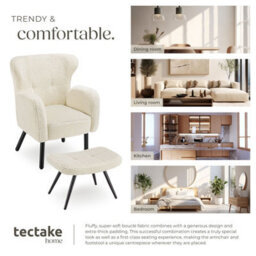 Tectake 1 Armchair With Ottoman Vanersborg Bouclé , Thickly Upholstered With Stool - Bouclé Cream/black - thumbnail 7