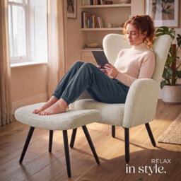 Tectake 1 Armchair With Ottoman Vanersborg Bouclé , Thickly Upholstered With Stool - Bouclé Cream/black - thumbnail 8