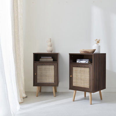 Sweeek - Pair Of Scandi-Style Bedside Tables With Cupboard Boheme Dark Wood Colour 39X40X70 Cm - image 1
