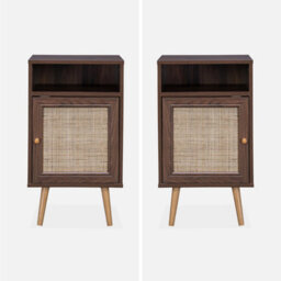 Sweeek - Pair Of Scandi-Style Bedside Tables With Cupboard Boheme Dark Wood Colour 39X40X70 Cm - thumbnail 2