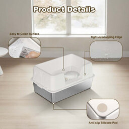 London Boutique 60X40X36.5Cm Stainless Steel Cat Litter Tray, Semi Enclosed High Sided Metal Cat Toilet, Removable Lid, White - thumbnail 3