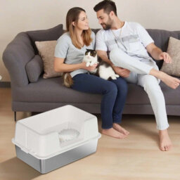 London Boutique 60X40X36.5Cm Stainless Steel Cat Litter Tray, Semi Enclosed High Sided Metal Cat Toilet, Removable Lid, White - thumbnail 7