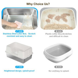 London Boutique 60X40X36.5Cm Stainless Steel Cat Litter Tray, Semi Enclosed High Sided Metal Cat Toilet, Removable Lid, White - thumbnail 6