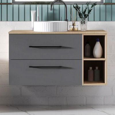 Sline 990mm Wall-Hung Bathroom Vanity Unit With 2 Soft Close Drawers For Storage,ceramic Basin, Oak, Anthracite, Flat Packed - image 1