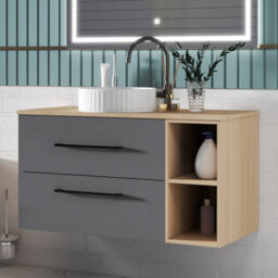 Sline 990mm Wall-Hung Bathroom Vanity Unit With 2 Soft Close Drawers For Storage,ceramic Basin, Oak, Anthracite, Flat Packed - thumbnail 4