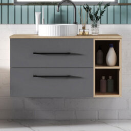 Sline 990mm Wall-Hung Bathroom Vanity Unit With 2 Soft Close Drawers For Storage,ceramic Basin, Oak, Anthracite, Flat Packed - thumbnail 1