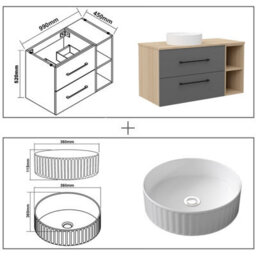 Sline 990mm Wall-Hung Bathroom Vanity Unit With 2 Soft Close Drawers For Storage,ceramic Basin, Oak, Anthracite, Flat Packed - thumbnail 2