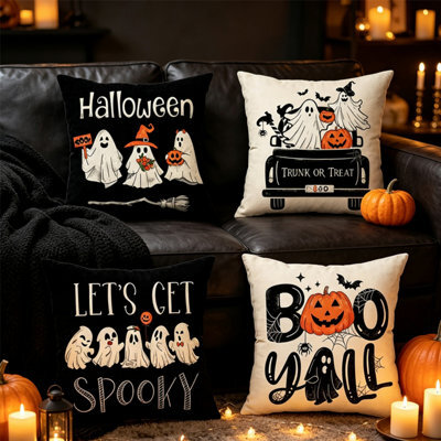 CLEFFNS 4Pcs Happy Halloween Pumpkin Ghost Black Throw Pillow Covers, 45X45Cm Trick Or Treat Holiday Spooky Bat Cushion Case Decoration - image 1