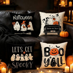 CLEFFNS 4Pcs Happy Halloween Pumpkin Ghost Black Throw Pillow Covers, 45X45Cm Trick Or Treat Holiday Spooky Bat Cushion Case Decoration - thumbnail 1