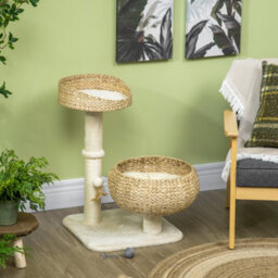 Pawhut 72Cm Cat Tree Kitten Tower With 2 Beds Scratching Post Toy Ball Beige - thumbnail 7