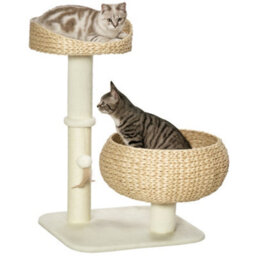 Pawhut 72Cm Cat Tree Kitten Tower With 2 Beds Scratching Post Toy Ball Beige - thumbnail 2