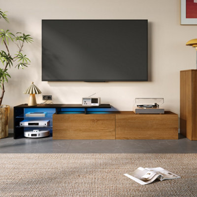 Btm Modern Tv Cabinet Black Wood Look Glass Shelves Led Light Stylish Storage Living Room Furniture - image 1