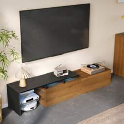 Btm Modern Tv Cabinet Black Wood Look Glass Shelves Led Light Stylish Storage Living Room Furniture - thumbnail 7