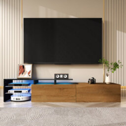 Btm Modern Tv Cabinet Black Wood Look Glass Shelves Led Light Stylish Storage Living Room Furniture - thumbnail 2