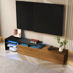 Btm Modern Tv Cabinet Black Wood Look Glass Shelves Led Light Stylish Storage Living Room Furniture - thumbnail 9