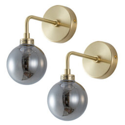 First Choice Lighting Set Of 2 Toner - Satin Brass With Smoked Glass Globe Wall Lights
