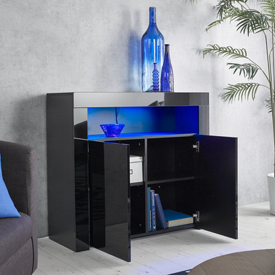 MMT Funiture Designs Modern Black Matt Gloss Buffet Sideboard Cabinet With Led Lights- Length 90Cm X Depth 35Cm X Height 83Cm - image 1