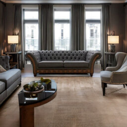 Chesterfield 3 Seater Sofa Antique Autumn Tan Leather Marinello Pewter Fabric In Jepson Style - thumbnail 2