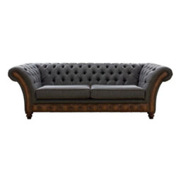 Chesterfield 3 Seater Sofa Antique Autumn Tan Leather Marinello Pewter Fabric In Jepson Style - thumbnail 1