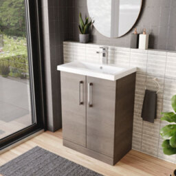 Balterley Contemporary Bathroom Floor Standing 2-Door Vanity Unit & Mid-Edge Ceramic Basin, Solace Oak, 600 mm - thumbnail 4