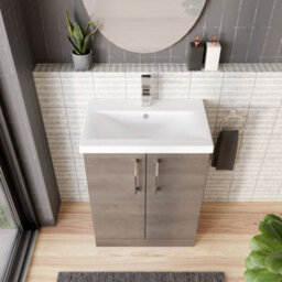 Balterley Contemporary Bathroom Floor Standing 2-Door Vanity Unit & Mid-Edge Ceramic Basin, Solace Oak, 600 mm - thumbnail 3
